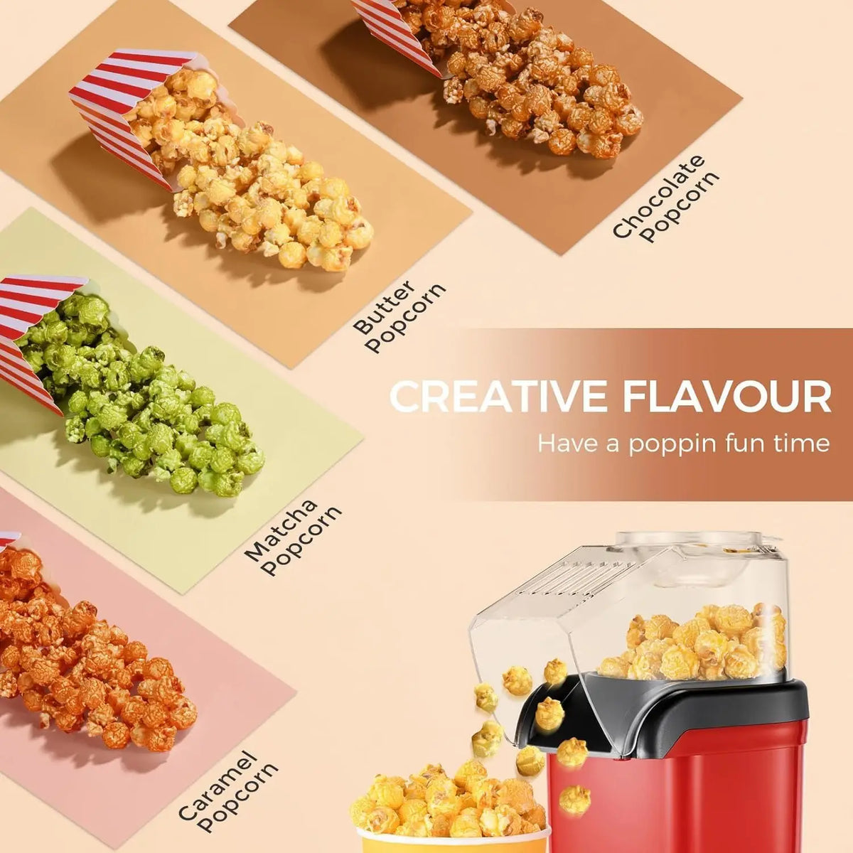 Popcorn Machine, 12-Cup Hot Air Popcorn Popper, Oil-Free, Red