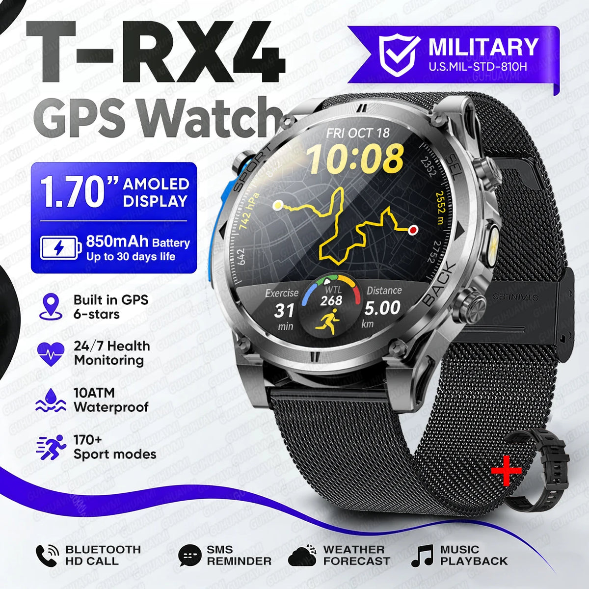 New T-RX4 Ultra Outdoor Sports Smart Watch Built in GPS Compass Altimeter Barometer 10ATM Waterproof Military Smartwatch For Men