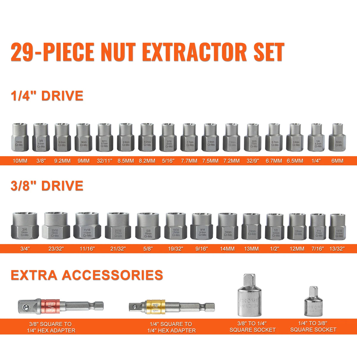 SucceBuy 29PCs Bolt Extractor Set Bolt and Nut Remover Set 6mm to 10mm 13/32" to 3/4" CR-MO Steel Extraction Socket Set
