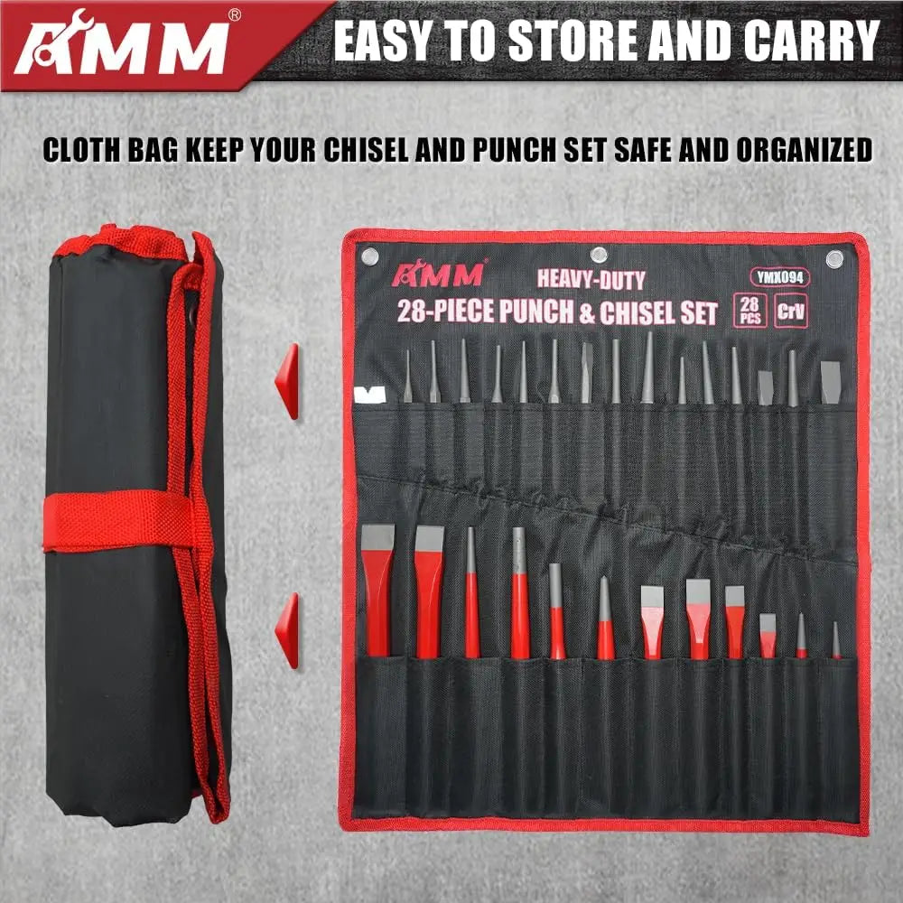 28PC Punch & Chisel Set, Cr-V Heavy Duty for Metal/Wood/Auto, Taper, Pin, Center Punch, Cold Chisels