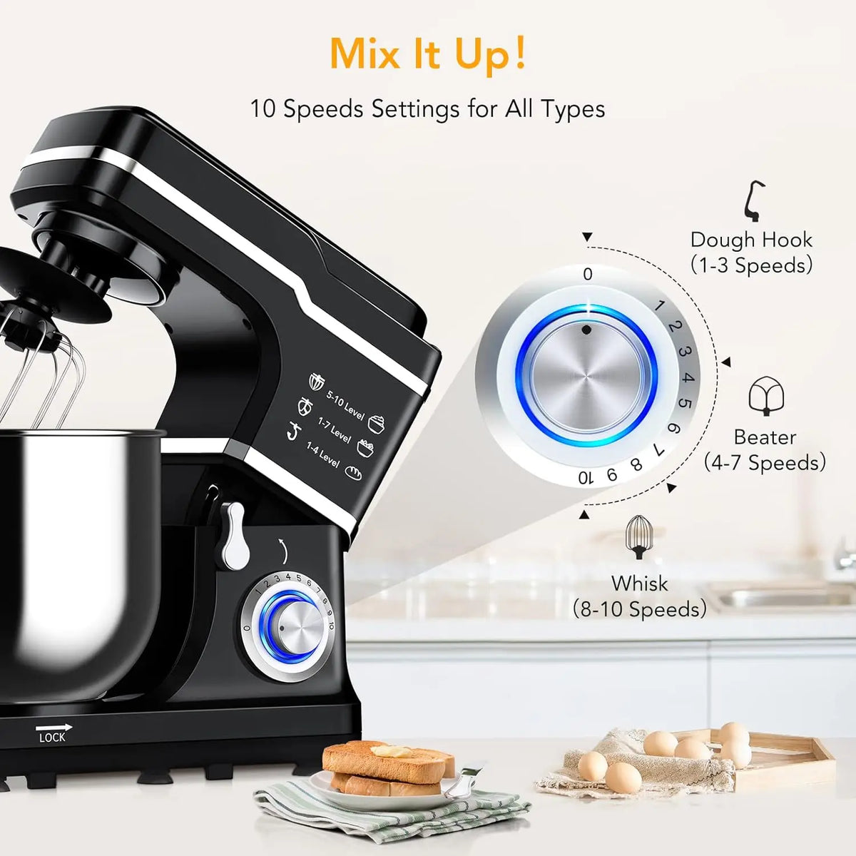TWISTER.CK Black 7.5Qt Stand Mixer, 660W 10-Speed Tilt-Head – Copper Motor, Stainless Bowl, Includes Dough Hook, Beater & Whisk, Splash Guard, Non-Slip Base