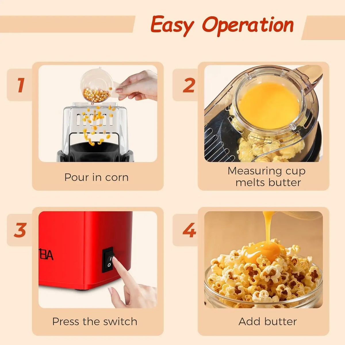 Popcorn Machine, 12-Cup Hot Air Popcorn Popper, Oil-Free, Red