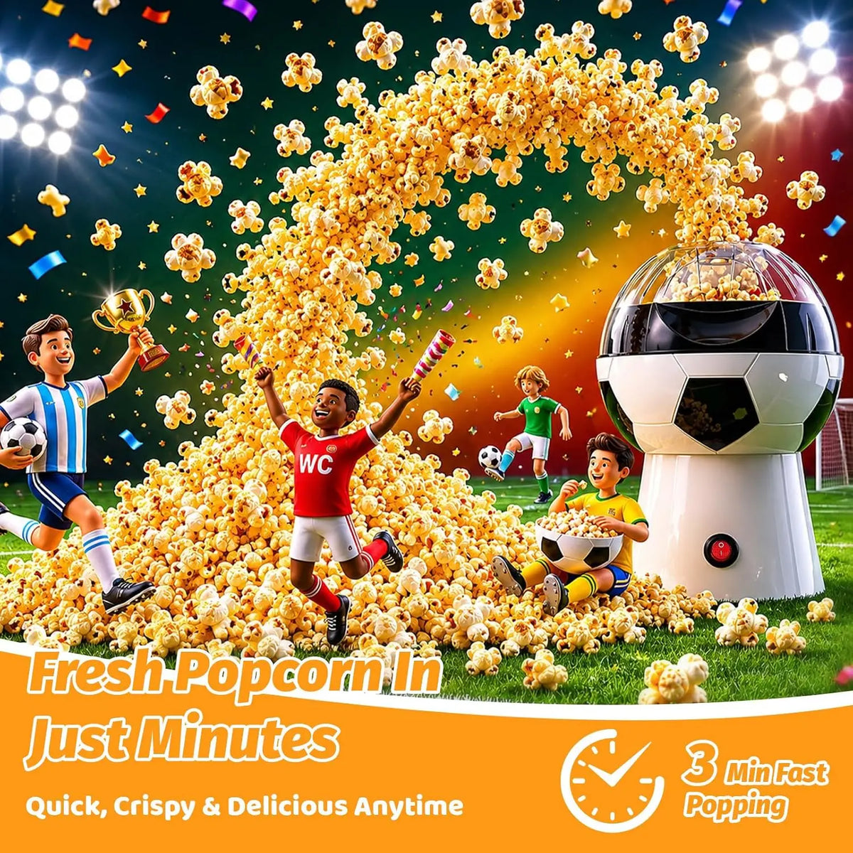 Popcorn Maker, 12-Cup Hot Air Popcorn Popper, Soccer Ball Design