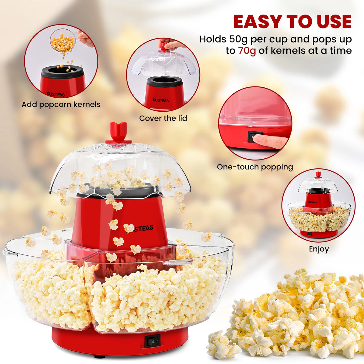 1200W Electric Hot Air Popcorn Maker, No Oil Popcorn Popper Machine for Home Party, Kids DIY Snack, Summer BBQ Family Gathering, US Plug
