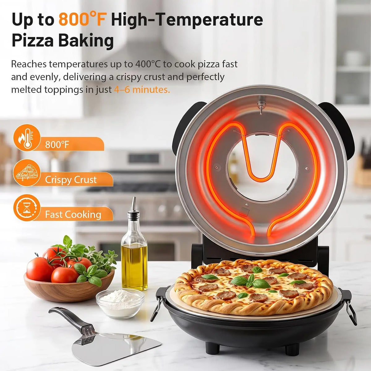 Electric Pizza Oven Indoor, 12-Inch Countertop Pizza Maker, 800°F