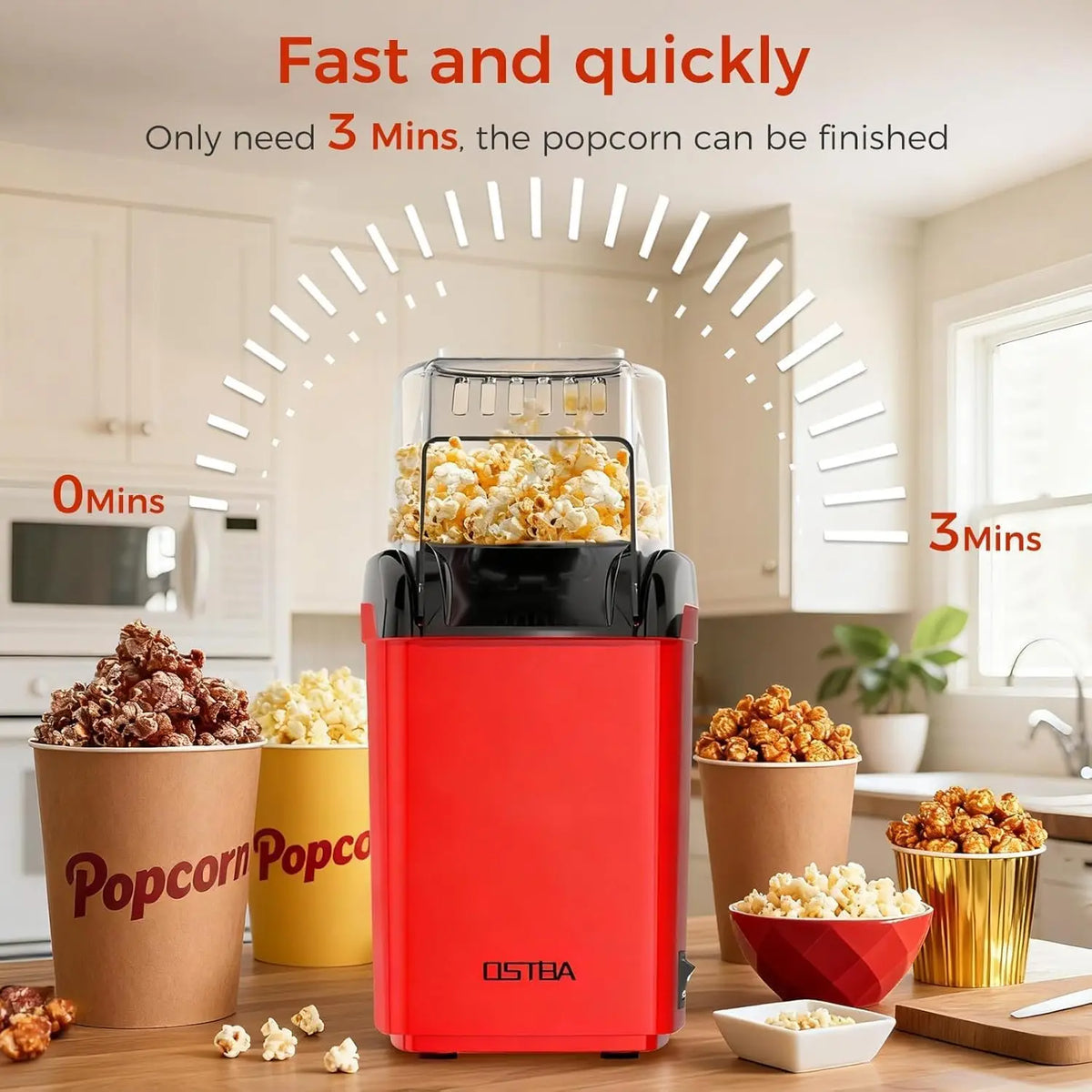 Popcorn Machine, 12-Cup Hot Air Popcorn Popper, Oil-Free, Red