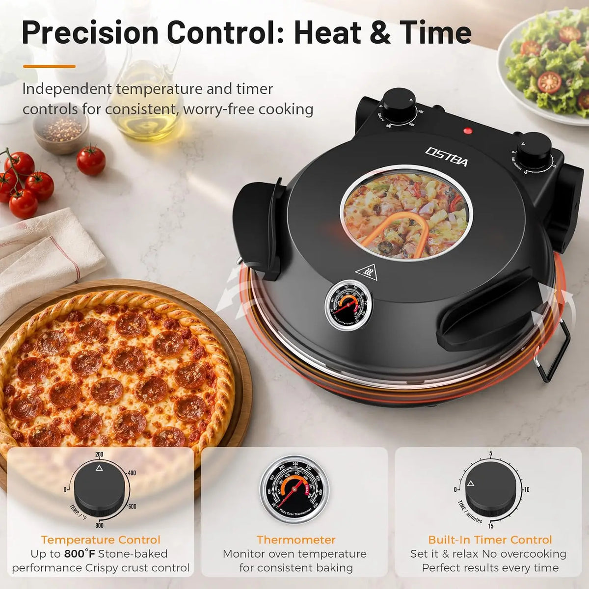 Electric Pizza Oven Indoor, 12-Inch Countertop Pizza Maker, 800°F