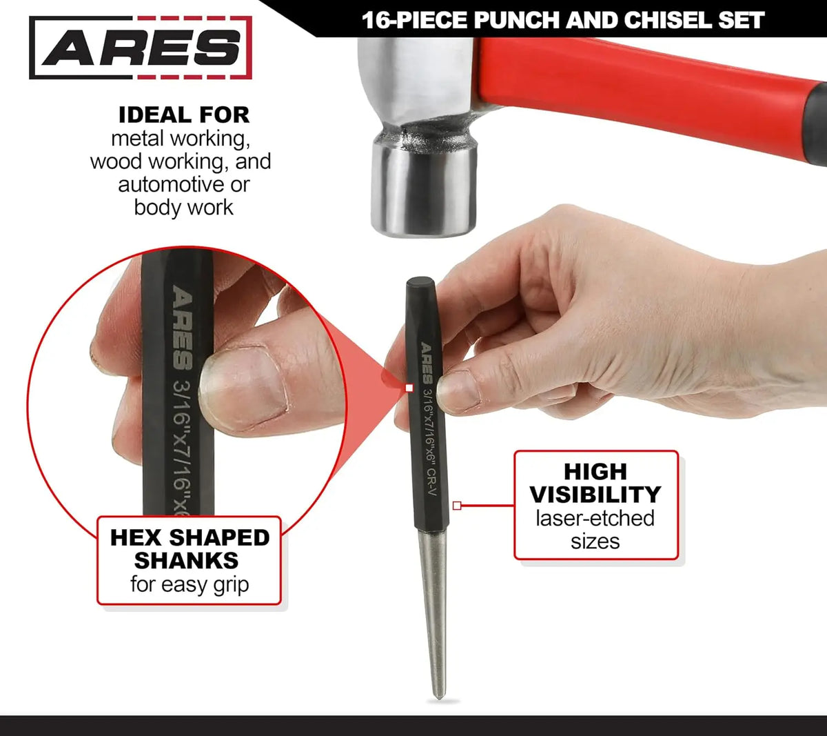 16-Piece Punch and Chisel Set - Tapered, Pin, Center Punches & Cold Chisels, Chrome Vanadium Steel, Black Phosphate