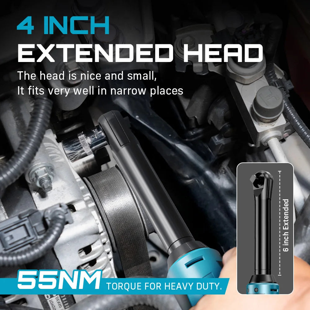 SEESII  6' Extended Ratchet Wrench 3/8" Cordless Electric Wrench 55Nm 12V Rechargeable Angle Wrench Car Repair Tools W/2 Batteries