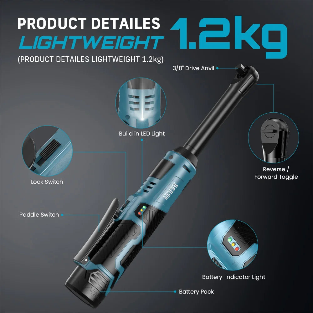 SEESII  6' Extended Ratchet Wrench 3/8" Cordless Electric Wrench 55Nm 12V Rechargeable Angle Wrench Car Repair Tools W/2 Batteries