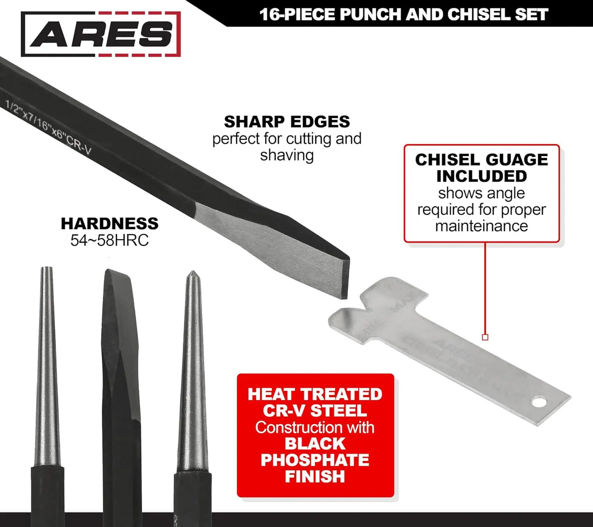 16-Piece Punch and Chisel Set - Tapered, Pin, Center Punches & Cold Chisels, Chrome Vanadium Steel, Black Phosphate