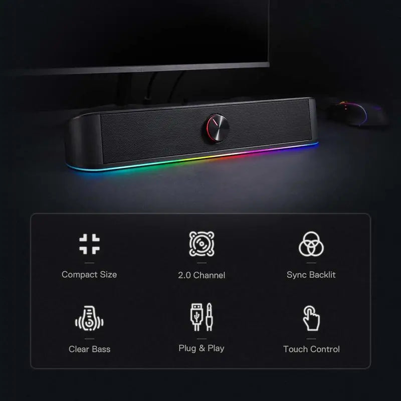 Redragon GS560 Adiemus RGB USB Desktop Soundbar, 2.0 Channel Computer Speaker with Dynamic Lighting Bar Audio-Light Sync/Display