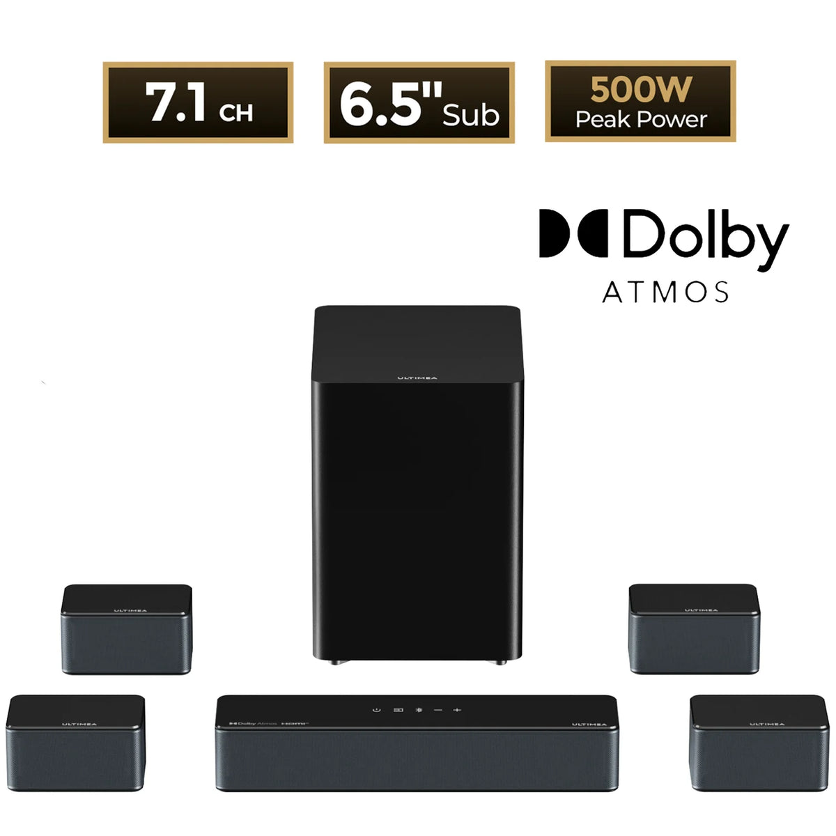 ULTIMEA 500W 7.1ch Dolby Atmos Soundbar with Wireless Subwoofer & 4 Surround Speakers, Home Theater System with APP Control