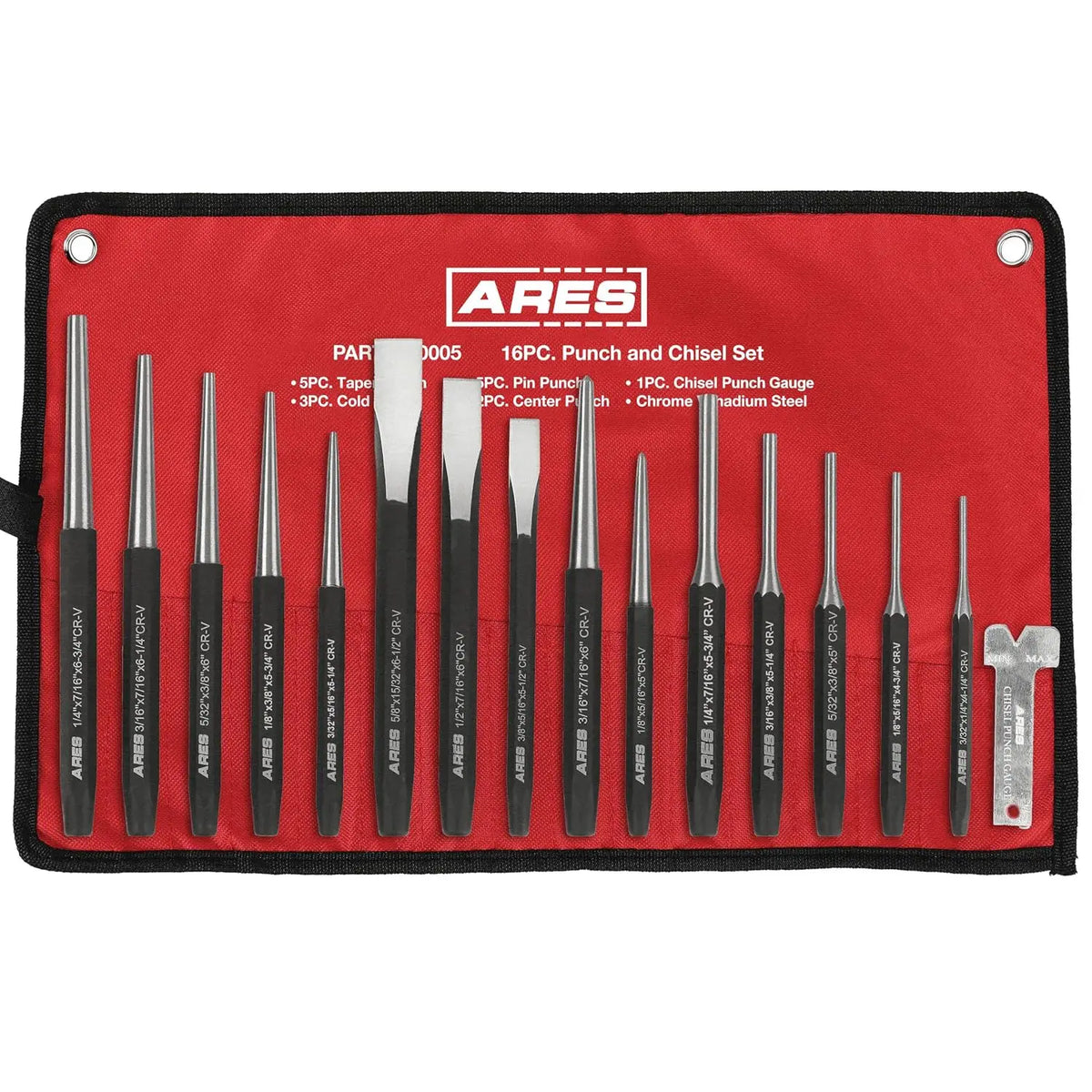 16-Piece Punch and Chisel Set - Tapered, Pin, Center Punches & Cold Chisels, Chrome Vanadium Steel, Black Phosphate