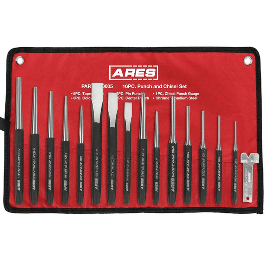 16-Piece Punch and Chisel Set - Tapered, Pin, Center Punches & Cold Chisels, Chrome Vanadium Steel, Black Phosphate