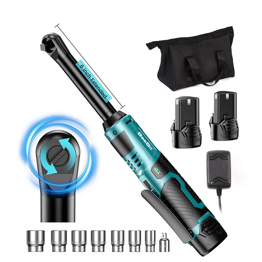 SEESII  6' Extended Ratchet Wrench 3/8" Cordless Electric Wrench 55Nm 12V Rechargeable Angle Wrench Car Repair Tools W/2 Batteries