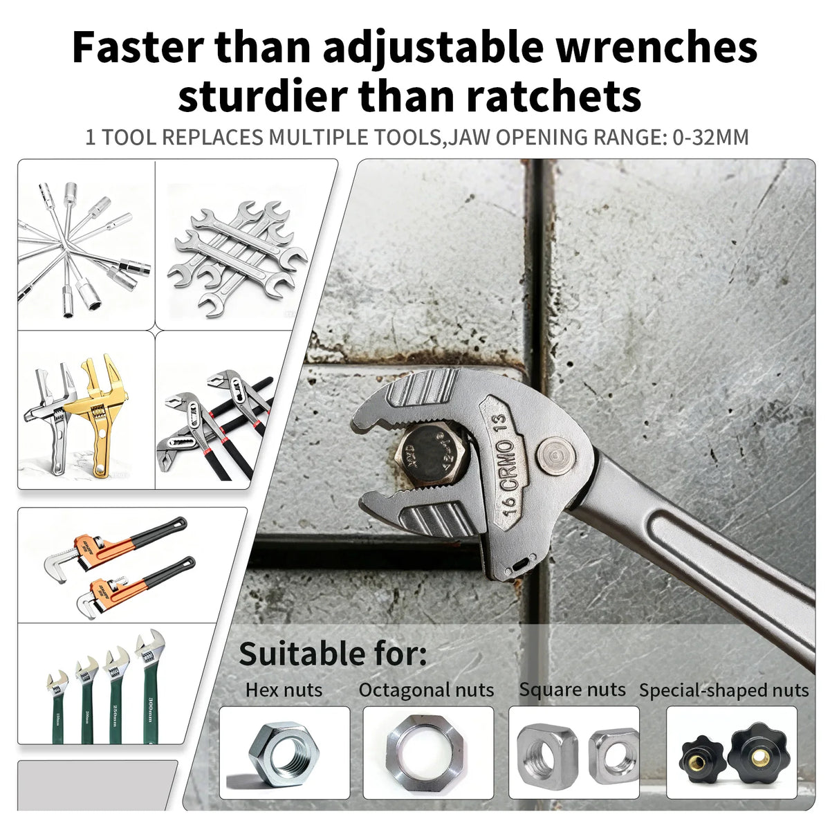 1PC Multifunctional Heavy-Duty Crab Claw Wrench Adjustable Ratchet Wide Jaw Self-Locking Wrench For Home Auto Pipe Manufacture