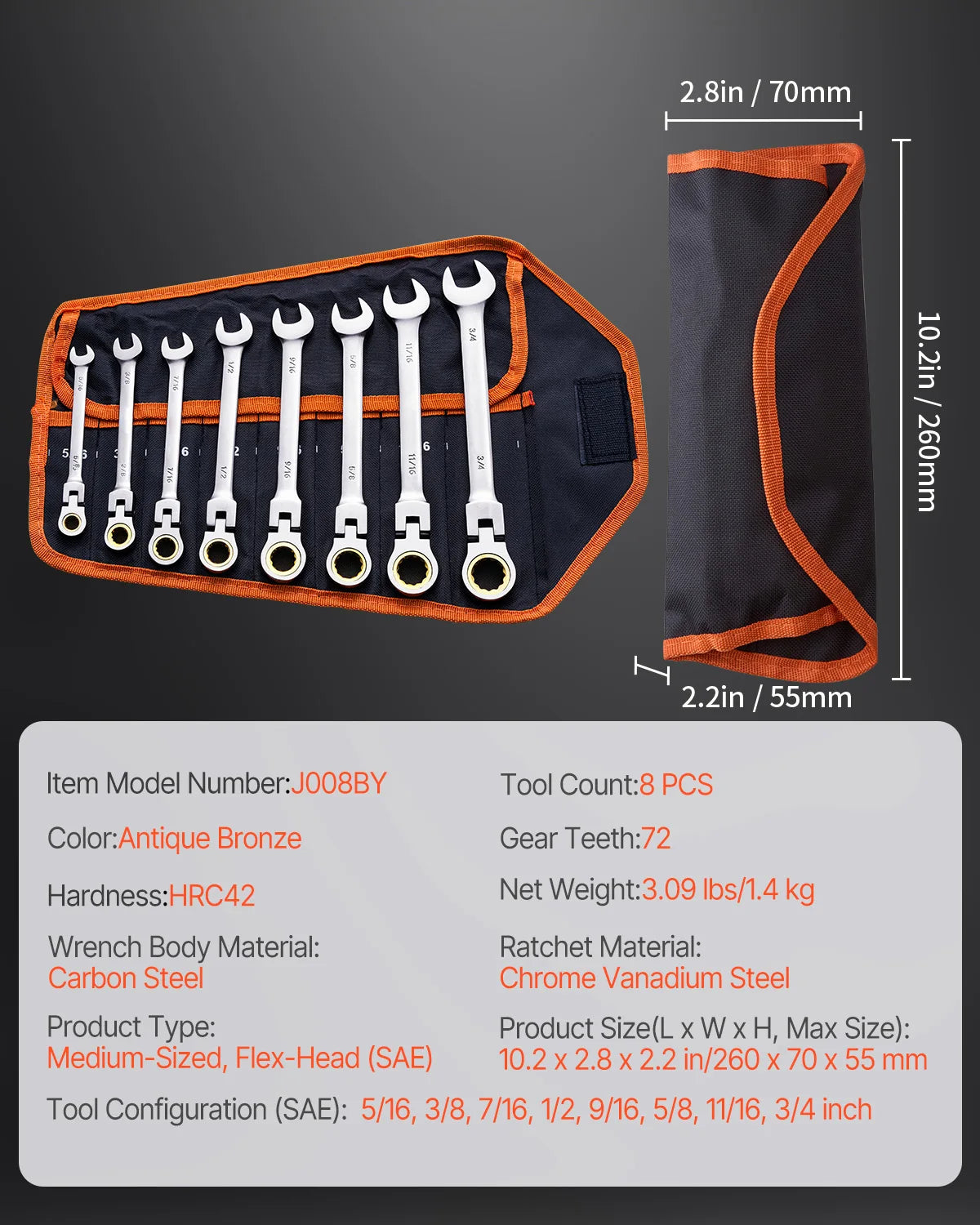 SucceBuy Flex-Head Ratcheting Wrench Set 8PCs Combination Wrench Set Roll-up Pouch Cr-V Steel Flexible Ratcheting Wrench Set
