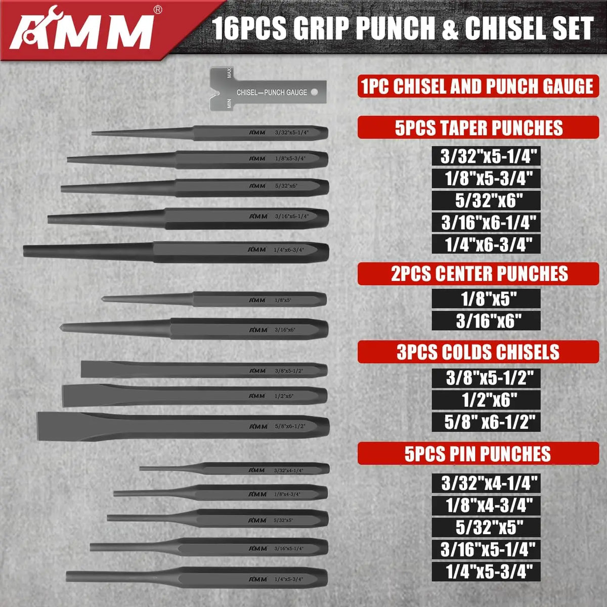 28PC Punch & Chisel Set, Cr-V Heavy Duty for Metal/Wood/Auto, Taper, Pin, Center Punch, Cold Chisels