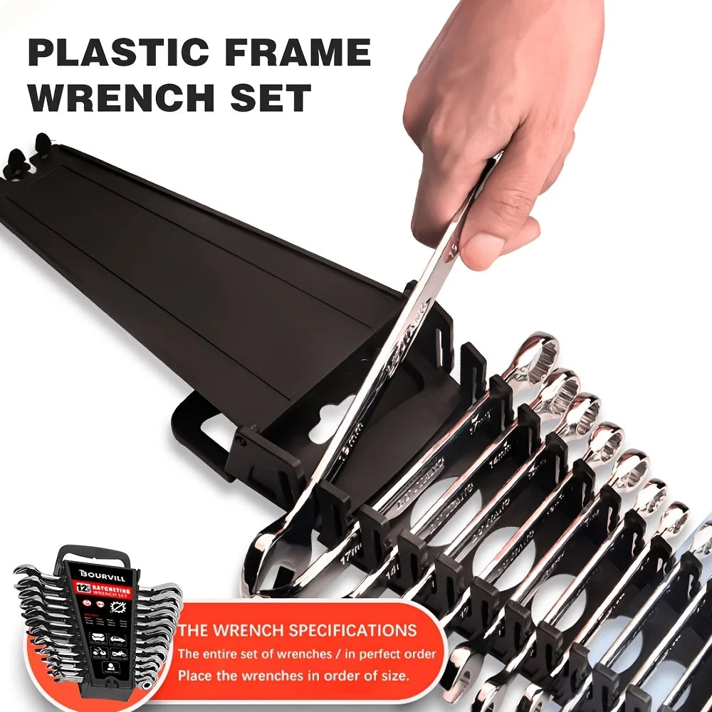 12pcs Ratcheting Wrenches Set, Combination SAE & Metric Ratchet Wrench Set with Rack Organizer, Premium CR-v Steel, 12 Point, 72 Teeth, Box End And Open End Combination Wrenches Set SAE & Metric Standard, 1/4" to 3/4" And 6-1