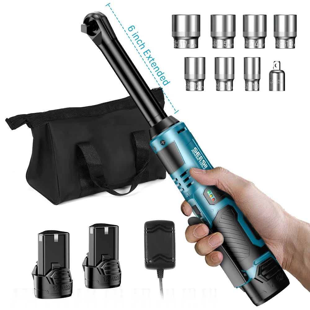 SEESII  6' Extended Ratchet Wrench 3/8" Cordless Electric Wrench 55Nm 12V Rechargeable Angle Wrench Car Repair Tools W/2 Batteries