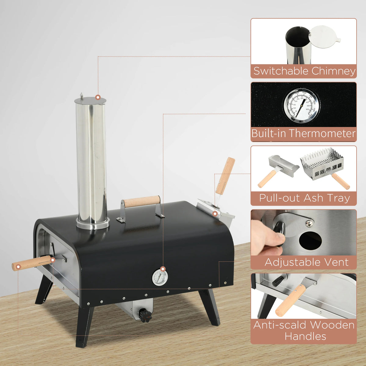 Outdoor Pizza Oven with Rotating Stone, 12" Wood Fired Pizza Maker