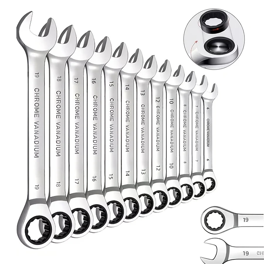 12pcs Ratcheting Wrenches Set, Combination SAE & Metric Ratchet Wrench Set with Rack Organizer, Premium CR-v Steel, 12 Point, 72 Teeth, Box End And Open End Combination Wrenches Set SAE & Metric Standard, 1/4" to 3/4" And 6-1