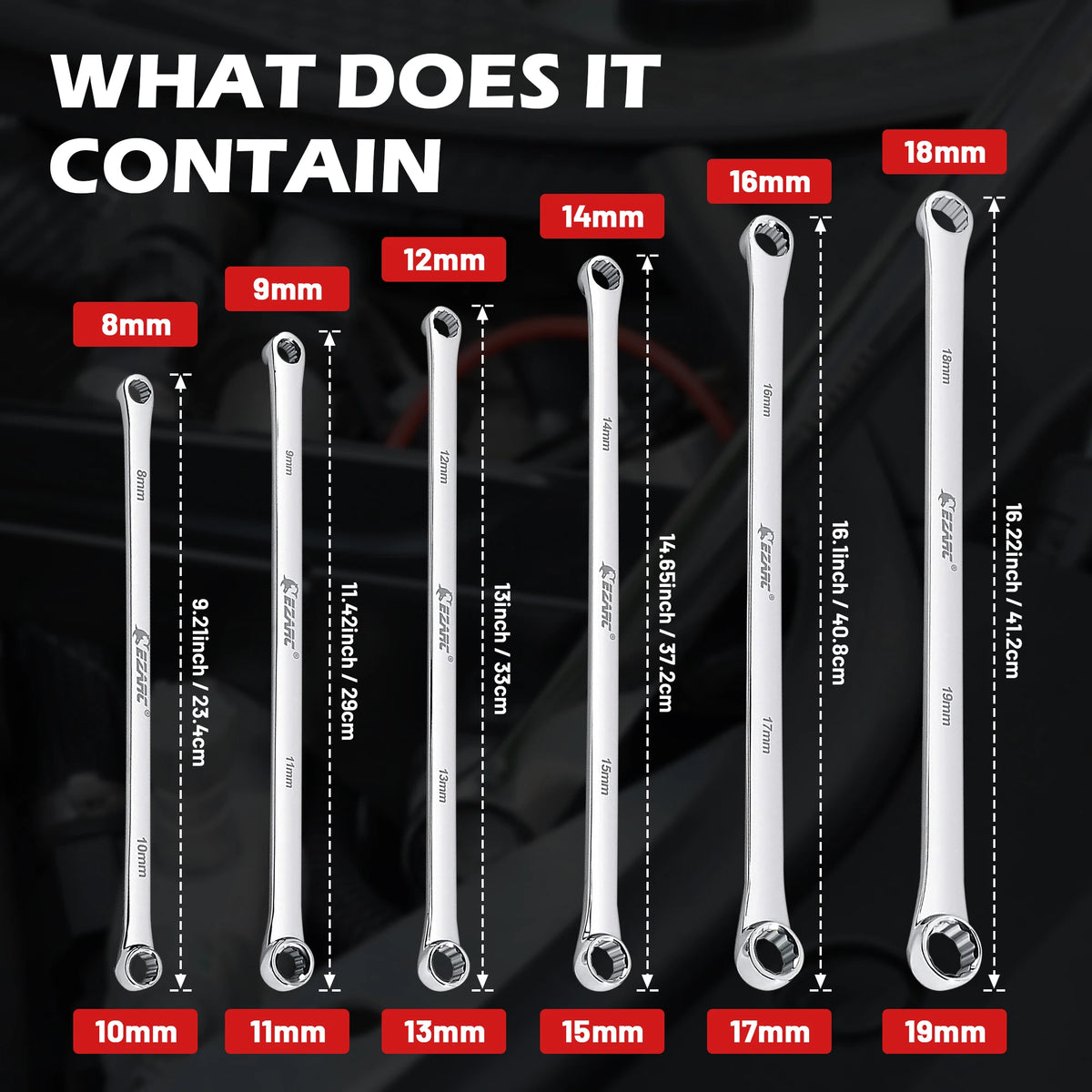 EZARC 6PCS Extra Long Box End Wrench Set CRV Metric 8mm - 19mm Combination Durable Aviation Spanner