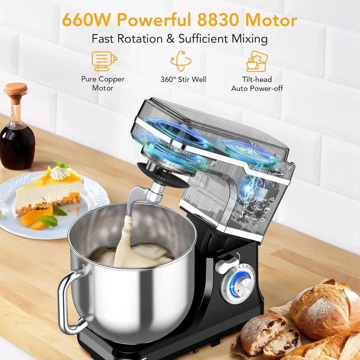 TWISTER.CK Black 7.5Qt Stand Mixer, 660W 10-Speed Tilt-Head – Copper Motor, Stainless Bowl, Includes Dough Hook, Beater & Whisk, Splash Guard, Non-Slip Base
