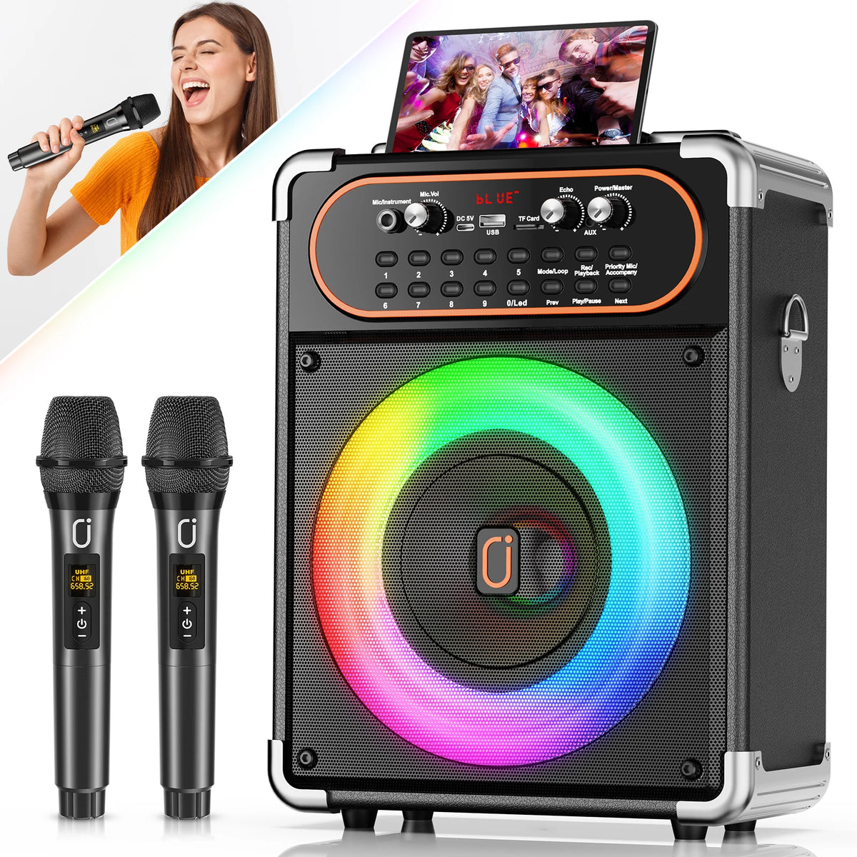 S68 Kara Ok with 2 Microphones, Portable Bluetooth 5.3 Kara Ok Speaker,Echo Adjustment, Supports Tv through Auxiliary Connection