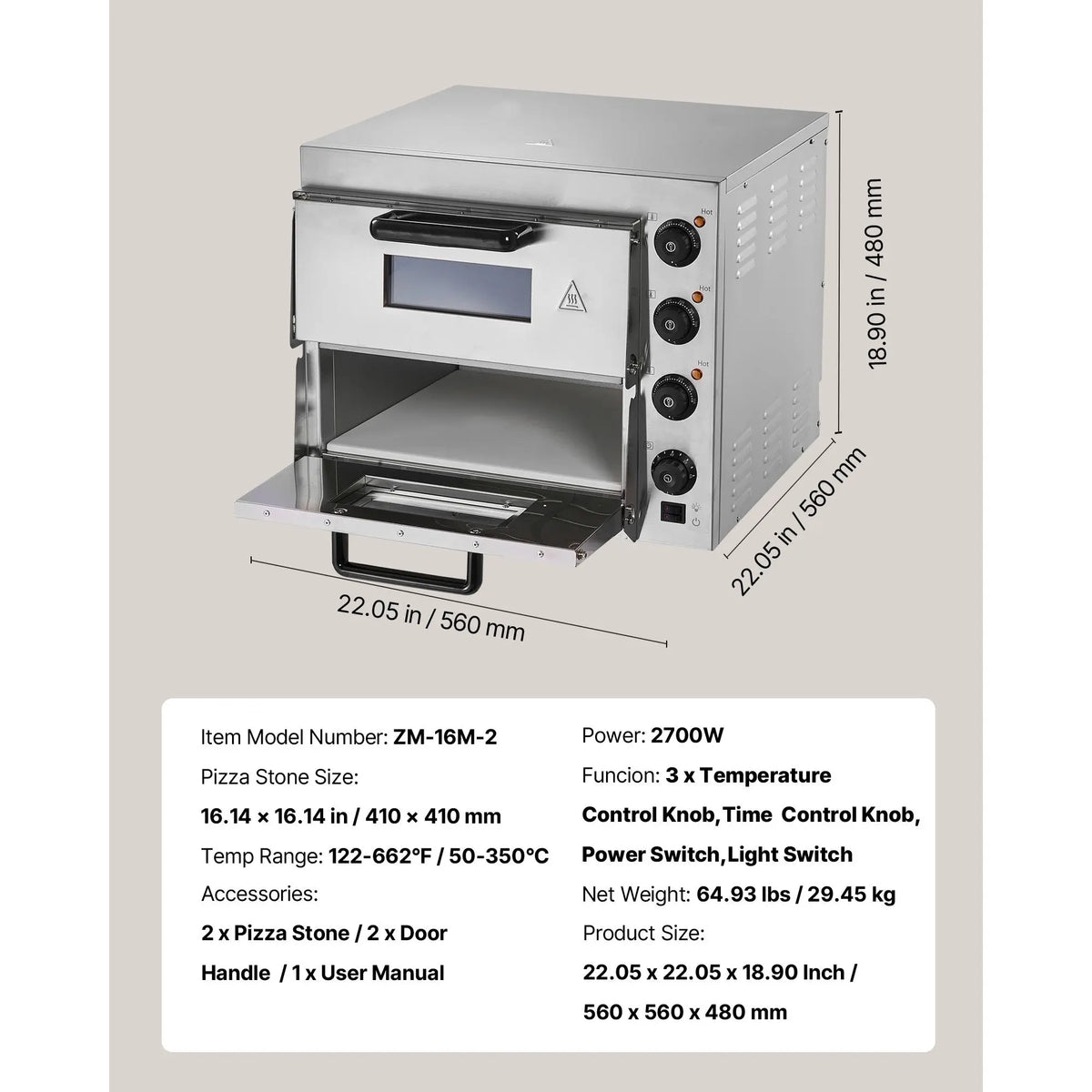 Commercial Pizza Oven Countertop, 16-Inch Double Deck Layers, Stainless Steel Electric Pizza Oven with Stone and Handle, Multipurpose Indoor Pizza Maker for Restaurant Home Pretzels Baked