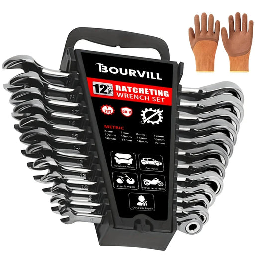 12pcs Ratcheting Wrenches Set, Combination SAE & Metric Ratchet Wrench Set with Rack Organizer, Premium CR-v Steel, 12 Point, 72 Teeth, Box End And Open End Combination Wrenches Set SAE & Metric Standard, 1/4" to 3/4" And 6-1