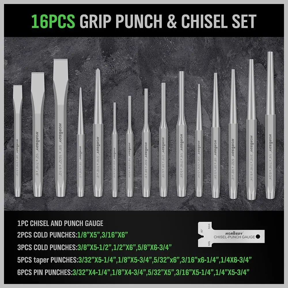 28-Piece Punch & Chisel Set, Chrome Vanadium & Carbon Steel, Pin, Taper, Cold, Center Punches