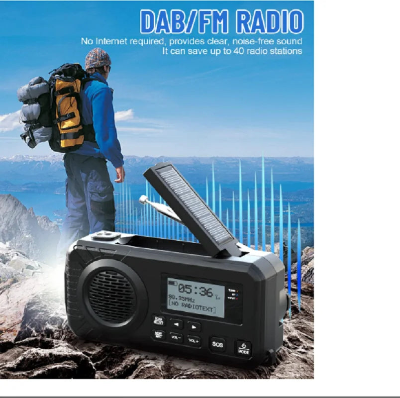 Survival Flashlight Crank Charging Solar Radio DAB+FM BT Emergency Kit Radio with 5000 MAh Power Bank and Alarm Clock Led Torch