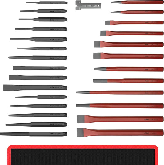 28PC Punch & Chisel Set, Cr-V Heavy Duty for Metal/Wood/Auto, Taper, Pin, Center Punch, Cold Chisels