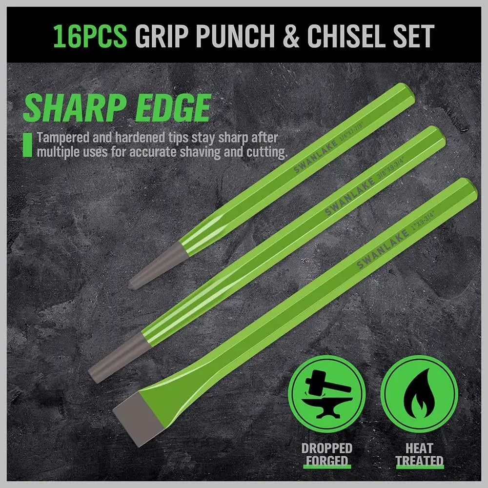 28-Piece Punch & Chisel Set, Chrome Vanadium & Carbon Steel, Pin, Taper, Cold, Center Punches