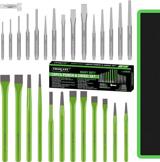28-Piece Punch & Chisel Set, Chrome Vanadium & Carbon Steel, Pin, Taper, Cold, Center Punches