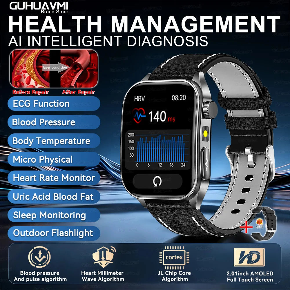 2026 New 650nm Laser Therapy Health Smartwatch Men ECG Blood Pressure Lipid Uric Acid Bluetooth Call Smart Watch For Android IOS