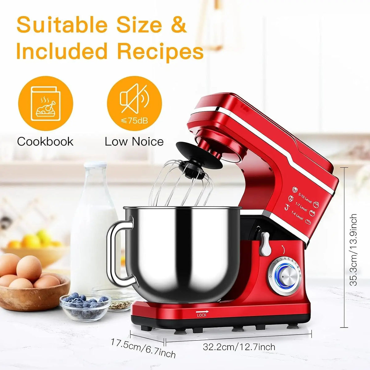 TWISTER.CK 7.5QT 10-Speed Tilt-Head Stand Mixer – Low Noise Electric Kitchen Mixer, 3-in-1 with Dough Hook, Whisk, Beater & Splash-Proof Cover, for Daily Use