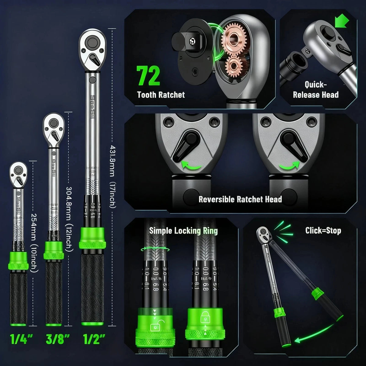 TaskStar 1/4"&3/8"&1/2" Drive Click Torque Wrench Kit 8pcs ±3% Accuracy 72 Tooth Dual Scale Ratchet Wrench for Bike/Moto Repair
