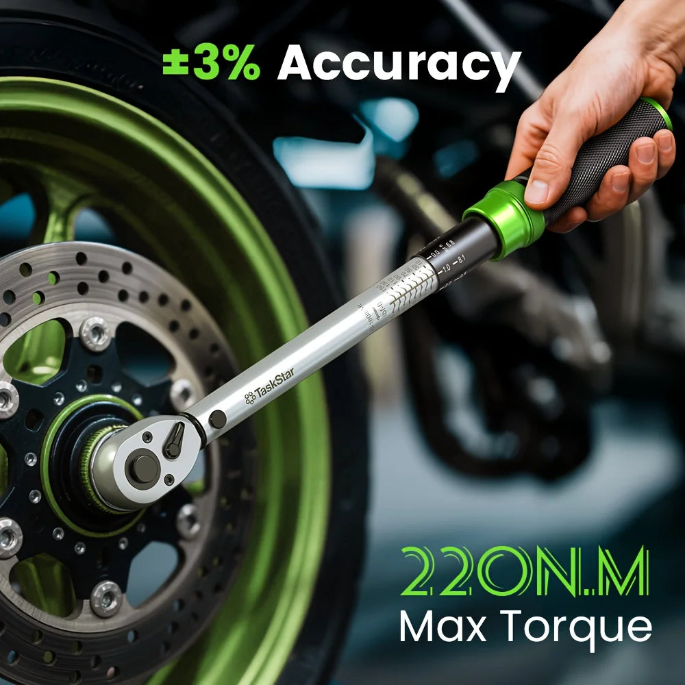 TaskStar 1/4"&3/8"&1/2" Drive Click Torque Wrench Kit 8pcs ±3% Accuracy 72 Tooth Dual Scale Ratchet Wrench for Bike/Moto Repair