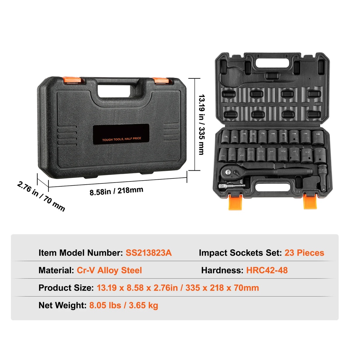 SucceBuy 1/2" 3/8" Drive Impact Socket Set 23/33/34/48/65 PCs Deep Socket Set SAE Metric Cr-V Cr-Mo Alloy Steel for Auto Repair