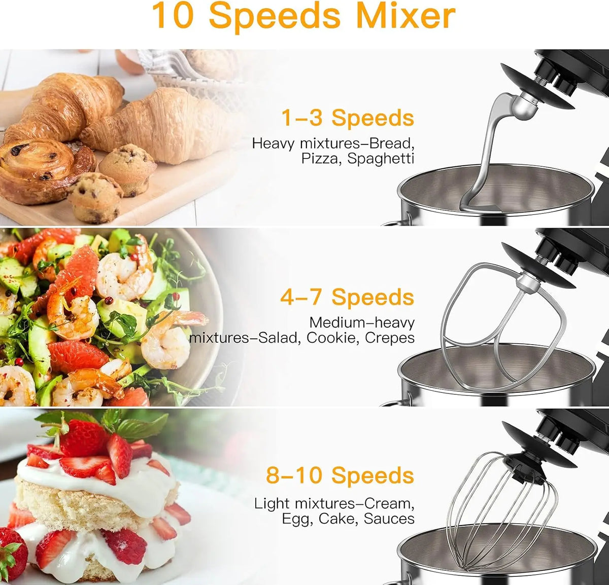 TWISTER.CK Black 7.5Qt Stand Mixer, 660W 10-Speed Tilt-Head – Copper Motor, Stainless Bowl, Includes Dough Hook, Beater & Whisk, Splash Guard, Non-Slip Base
