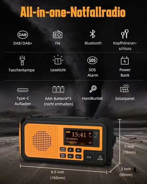 Survival Flashlight Crank Charging Solar Radio DAB+FM BT Emergency Kit Radio with 5000 MAh Power Bank and Alarm Clock Led Torch