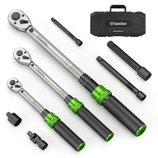 TaskStar 1/4"&3/8"&1/2" Drive Click Torque Wrench Kit 8pcs ±3% Accuracy 72 Tooth Dual Scale Ratchet Wrench for Bike/Moto Repair