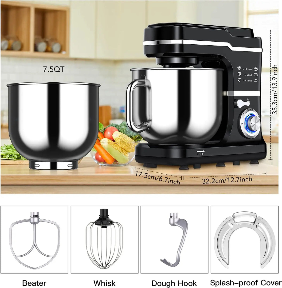 TWISTER.CK Black 7.5Qt Stand Mixer, 660W 10-Speed Tilt-Head – Copper Motor, Stainless Bowl, Includes Dough Hook, Beater & Whisk, Splash Guard, Non-Slip Base