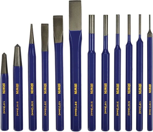 Chisel Set with Punch, 12-Pack, Various Sizes, Tempered for Durability, Ideal for Woodworking