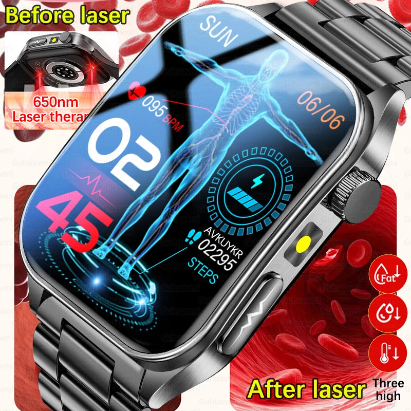2026 New 650nm Laser Therapy Health Smartwatch Men ECG Blood Pressure Lipid Uric Acid Bluetooth Call Smart Watch For Android IOS
