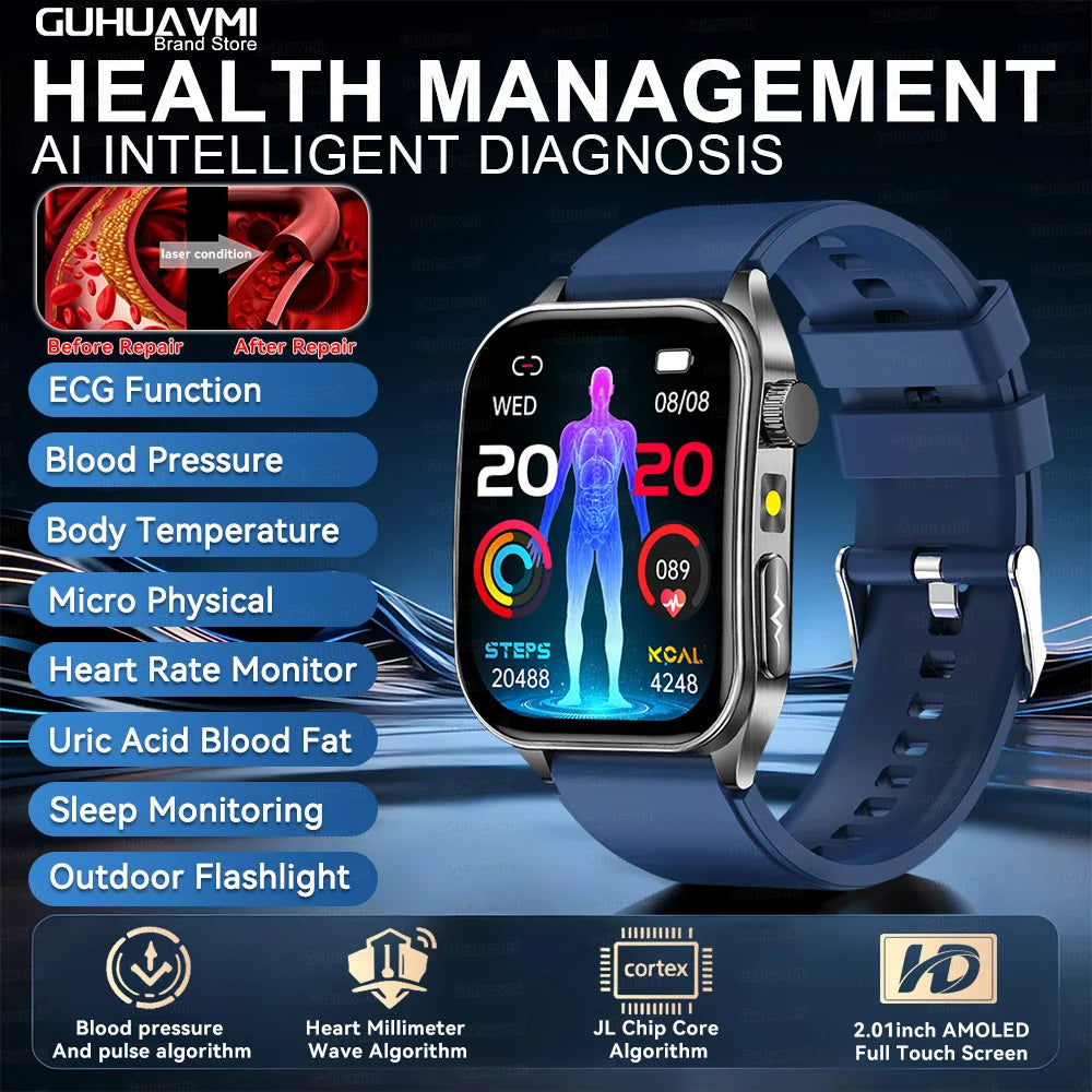 2026 New 650nm Laser Therapy Health Smartwatch Men ECG Blood Pressure Lipid Uric Acid Bluetooth Call Smart Watch For Android IOS