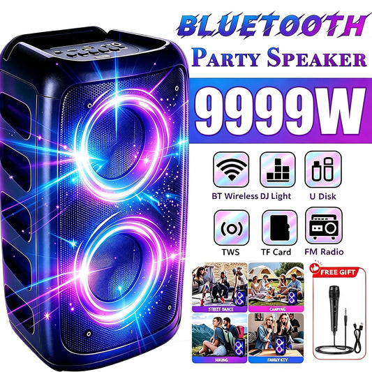 9999W Professional Large Bluetooth Speaker with Microphone, Portable Design, Featuring  Subwoofer Party Box, LED Lights, Compatible with BT/USB/TF/AUX/FM/TWS/MIC/EQ Functions, Professional Karaoke. Ideal Gift for Birthdays, C